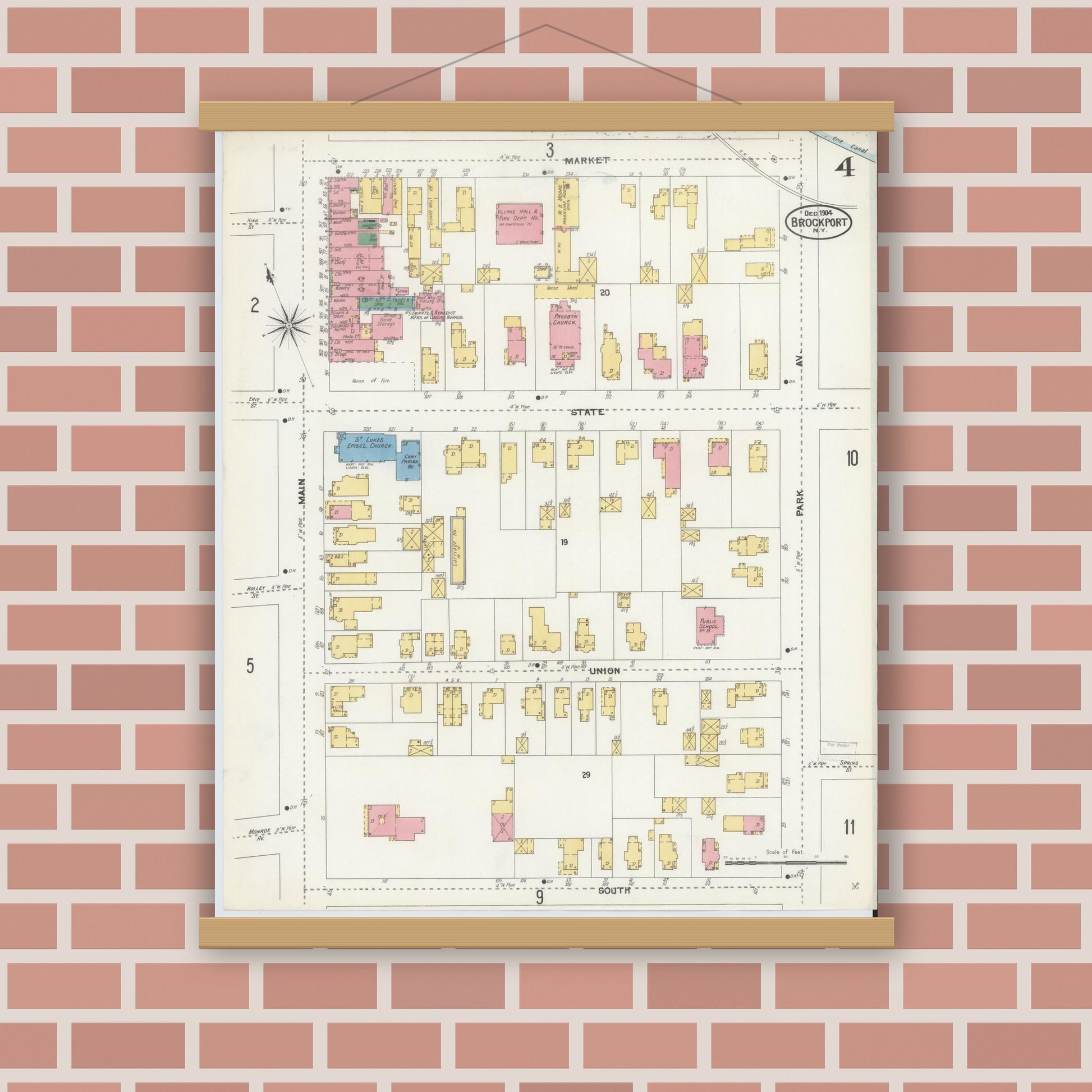 Old map wall art mockup — magnetic wood frame on brick wall — Sanborn Fire Insurance Map from Brockport, Monroe County, New York (1904), Sheet #0004