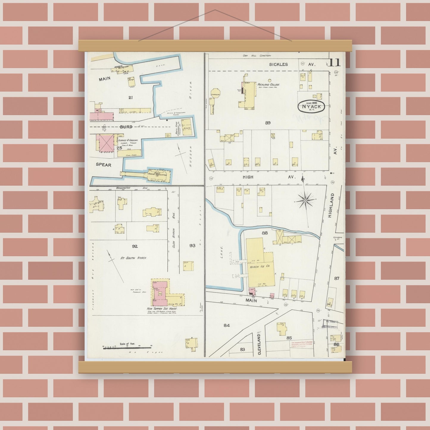 Old map wall art mockup — magnetic wood frame on brick wall — Sanborn Fire Insurance Map from Nyack, Rockland County, New York. (1892), Sheet #0011
