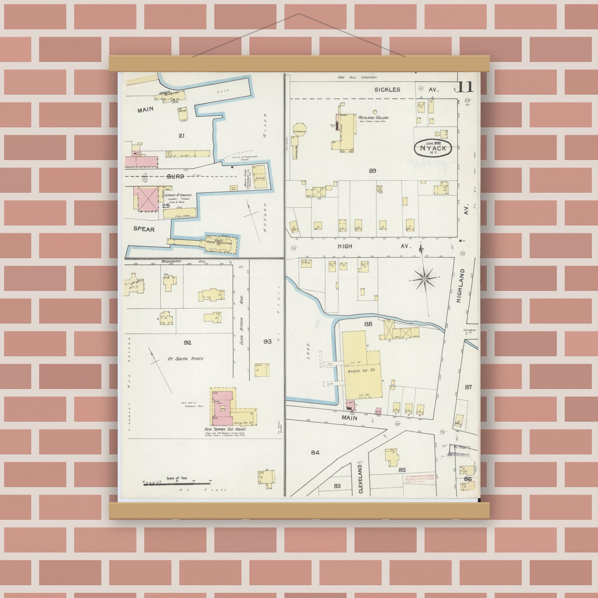 Old map wall art mockup — magnetic wood frame on brick wall — Sanborn Fire Insurance Map from Nyack, Rockland County, New York. (1892), Sheet #0011