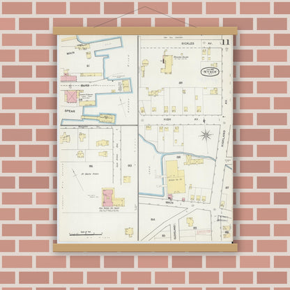 Old map wall art mockup — magnetic wood frame on brick wall — Sanborn Fire Insurance Map from Nyack, Rockland County, New York. (1892), Sheet #0011