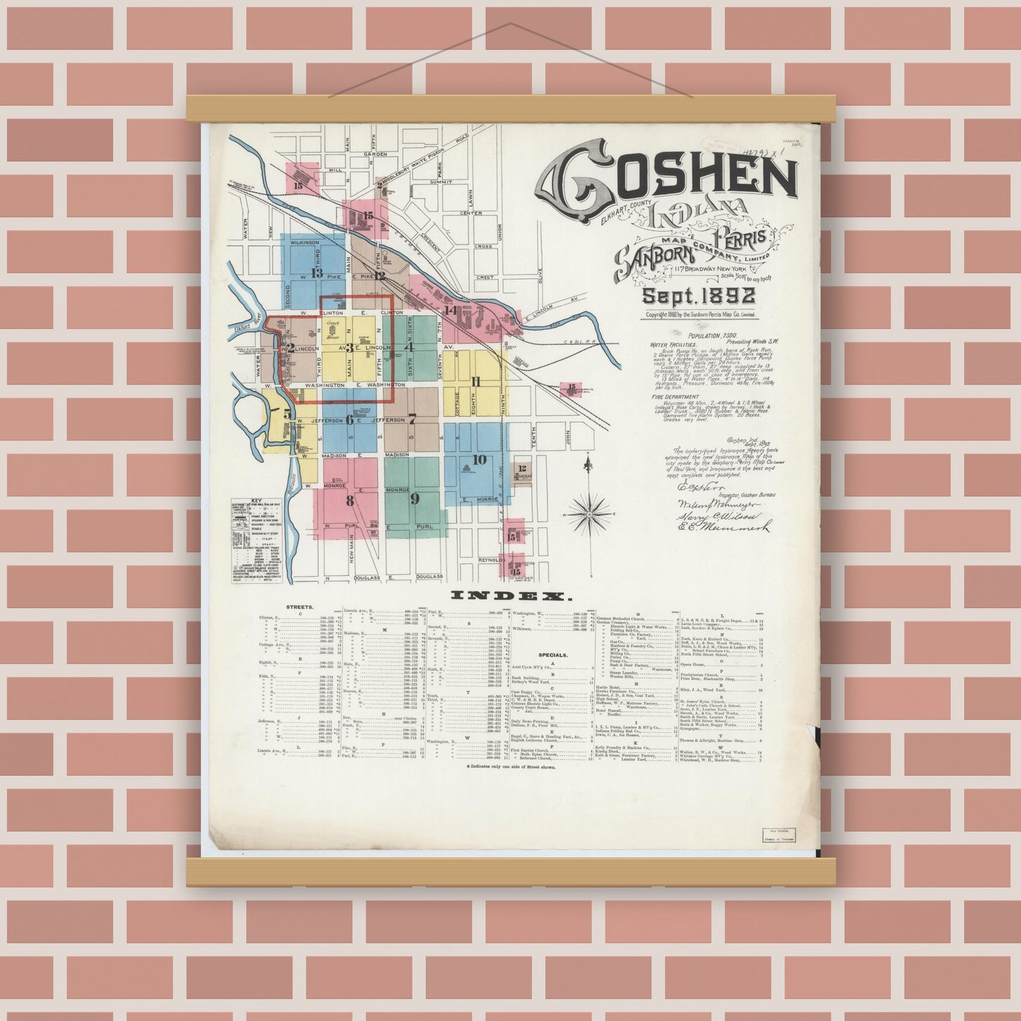 Old map wall art mockup — magnetic wood frame on brick wall — Sanborn Fire Insurance Map from Goshen, Elkhart County, Indiana (1892), Sheet #0001