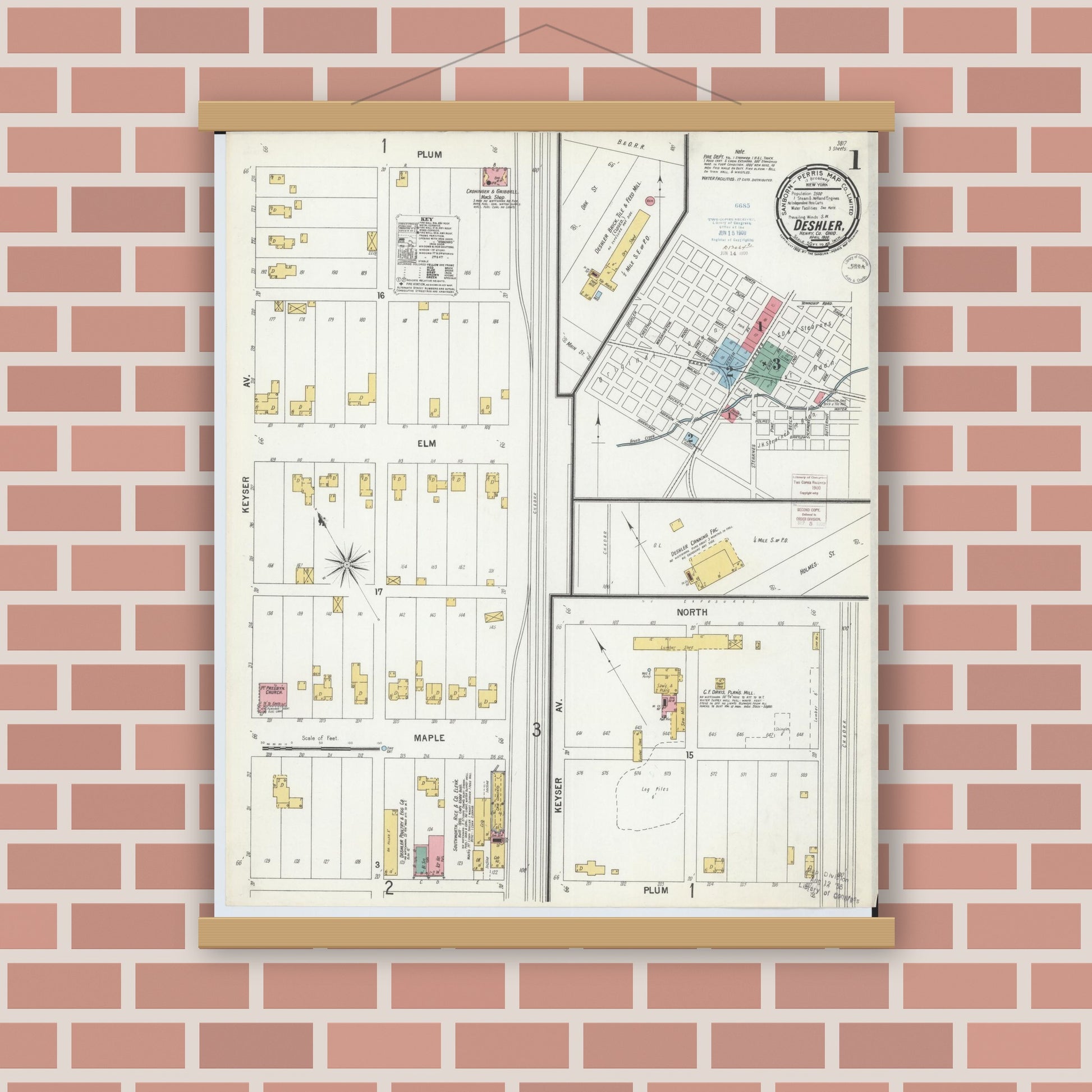 Old map wall art mockup — magnetic wood frame on brick wall — Sanborn Fire Insurance Map from Deshler, Henry County, Ohio (1900), Sheet #0001
