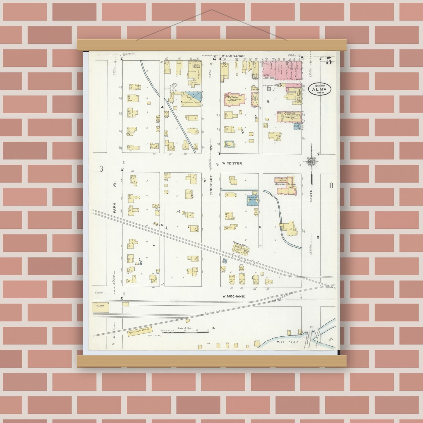 Old map wall art mockup — magnetic wood frame on brick wall — Sanborn Fire Insurance Map from Alma, Gratiot County, Michigan (1910), Sheet #0005