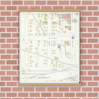Old map wall art mockup — magnetic wood frame on brick wall — Sanborn Fire Insurance Map from Alma, Gratiot County, Michigan (1910), Sheet #0005