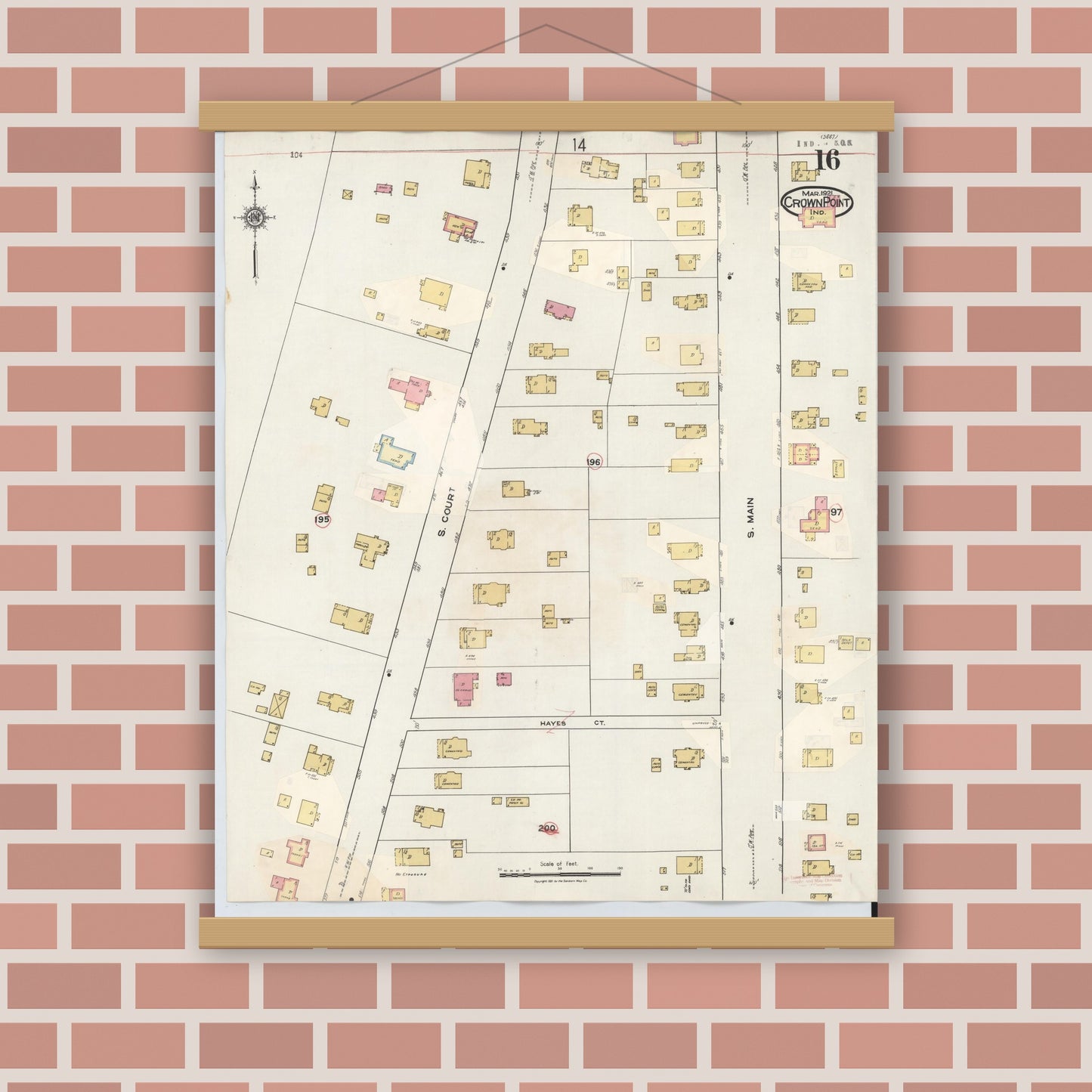 Old map wall art mockup — magnetic wood frame on brick wall — Sanborn Fire Insurance Map from Crown Point, Lake County, Indiana (1948), Sheet #0016