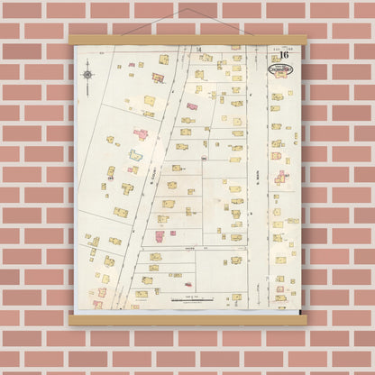Old map wall art mockup — magnetic wood frame on brick wall — Sanborn Fire Insurance Map from Crown Point, Lake County, Indiana (1948), Sheet #0016