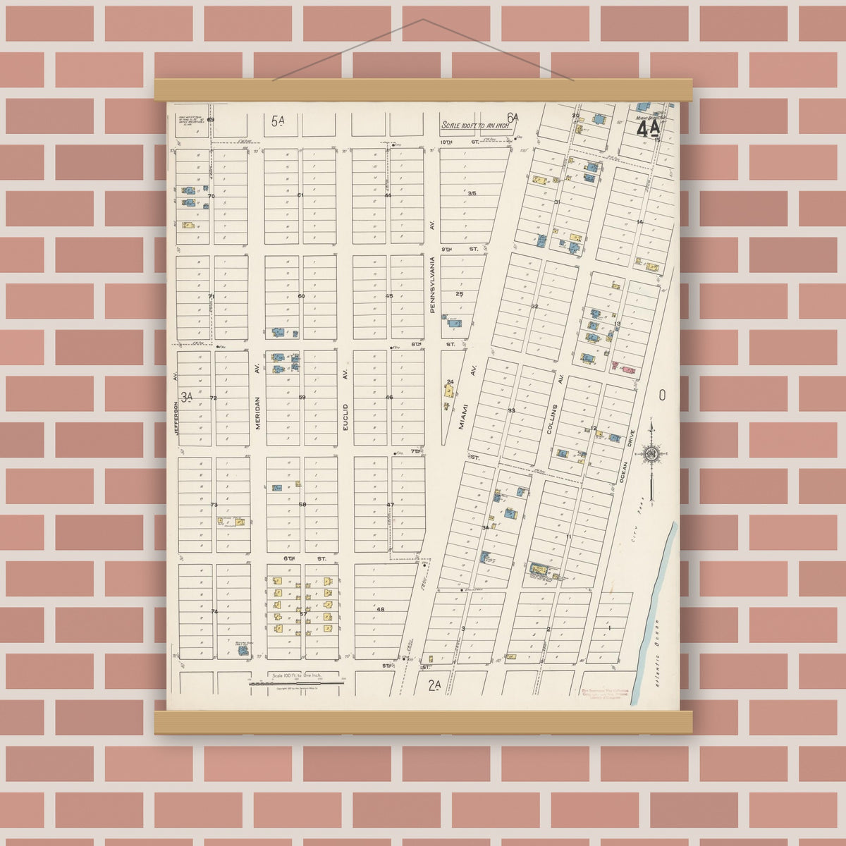 Old map wall art mockup — magnetic wood frame on brick wall — Sanborn Fire Insurance Map from Miami Beach, Dade County, Florida (1921), Sheet #0004