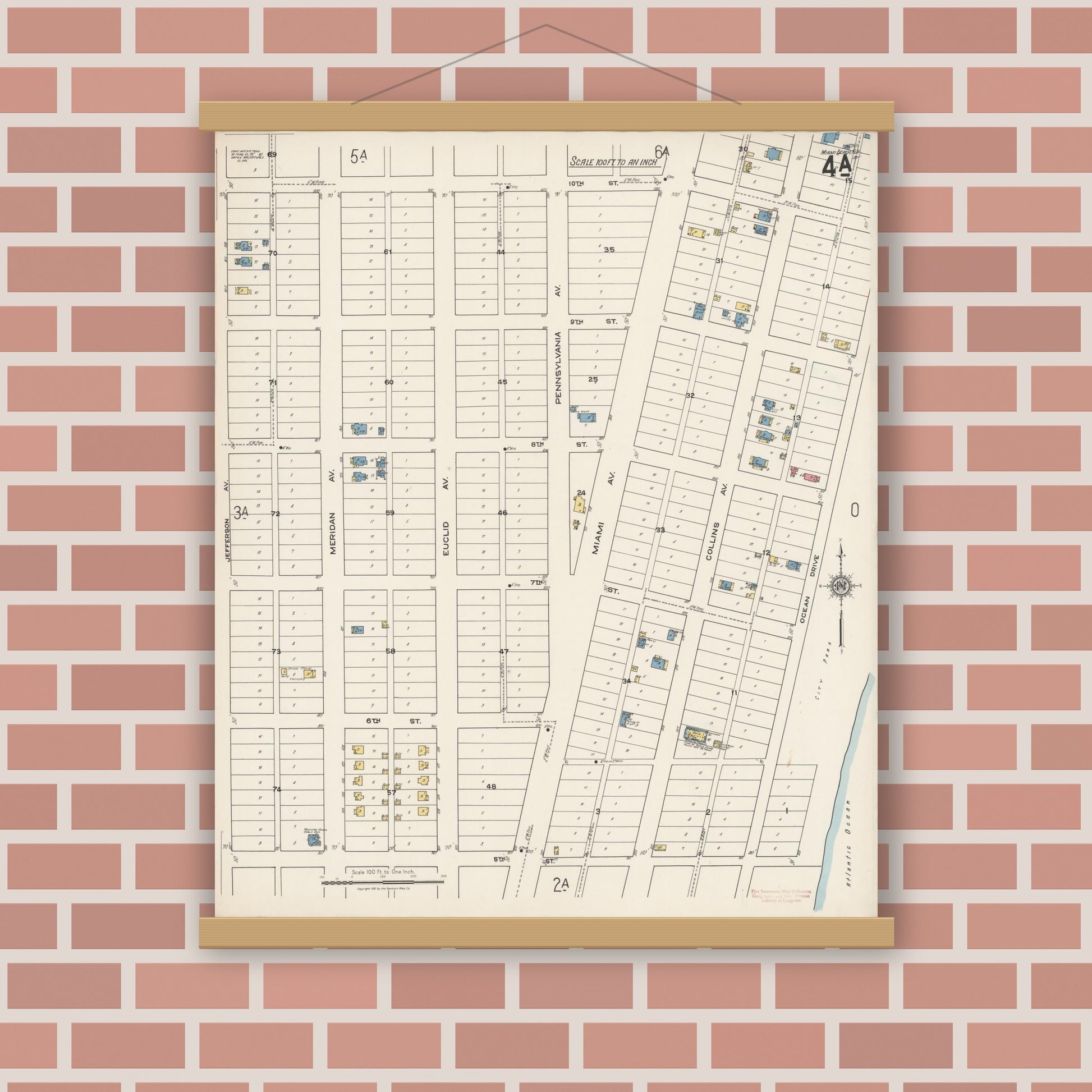 Old map wall art mockup — magnetic wood frame on brick wall — Sanborn Fire Insurance Map from Miami Beach, Dade County, Florida (1921), Sheet #0004