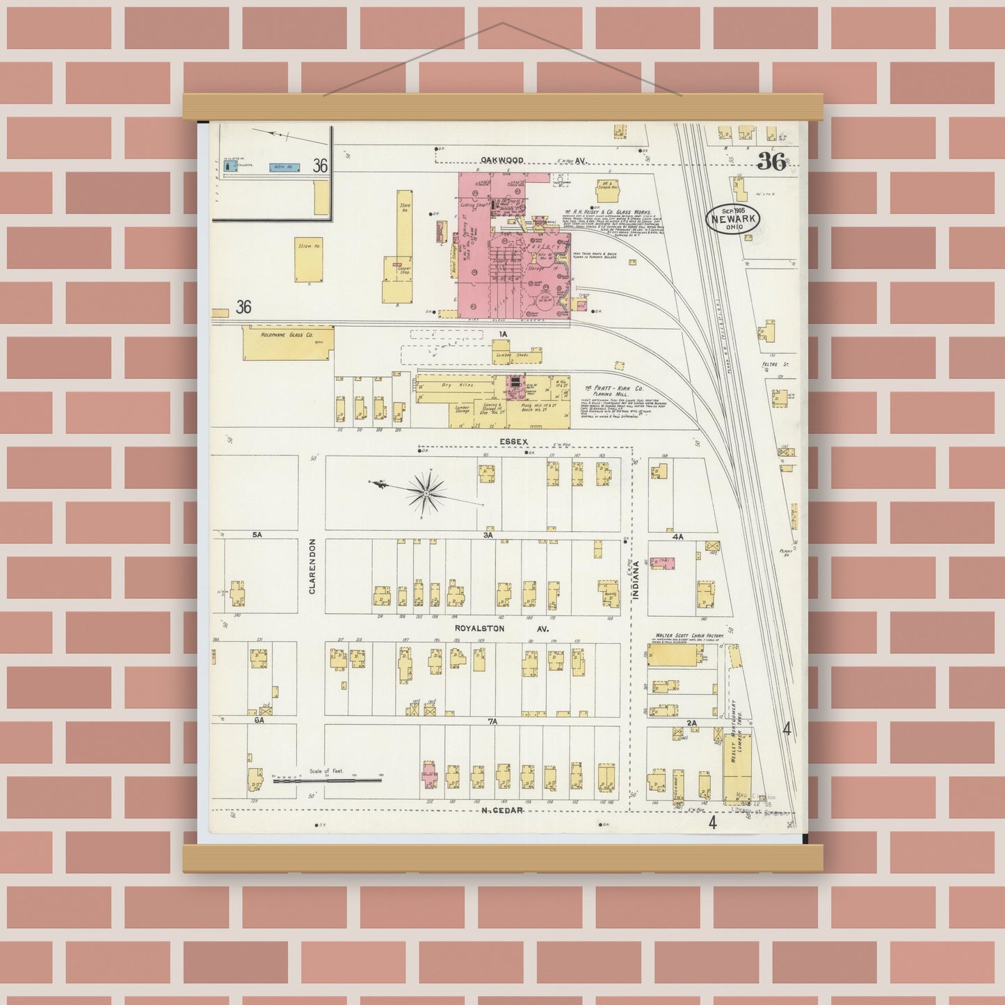 Old map wall art mockup — magnetic wood frame on brick wall — Sanborn Fire Insurance Map from Newark, Licking County, Ohio (1905), Sheet #0036