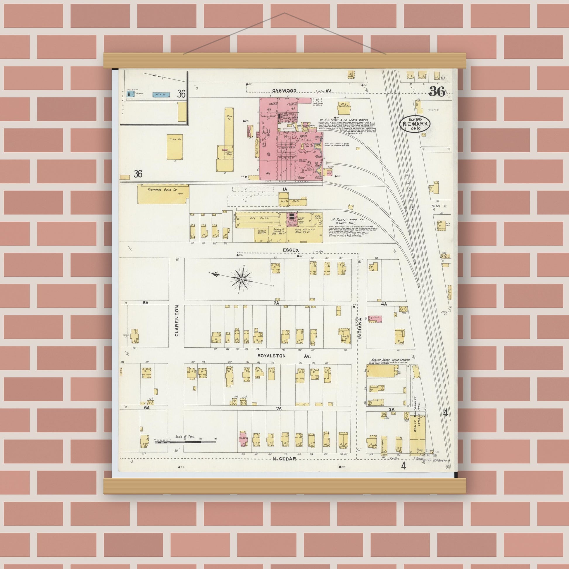 Old map wall art mockup — magnetic wood frame on brick wall — Sanborn Fire Insurance Map from Newark, Licking County, Ohio (1905), Sheet #0036