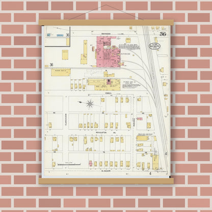 Old map wall art mockup — magnetic wood frame on brick wall — Sanborn Fire Insurance Map from Newark, Licking County, Ohio (1905), Sheet #0036