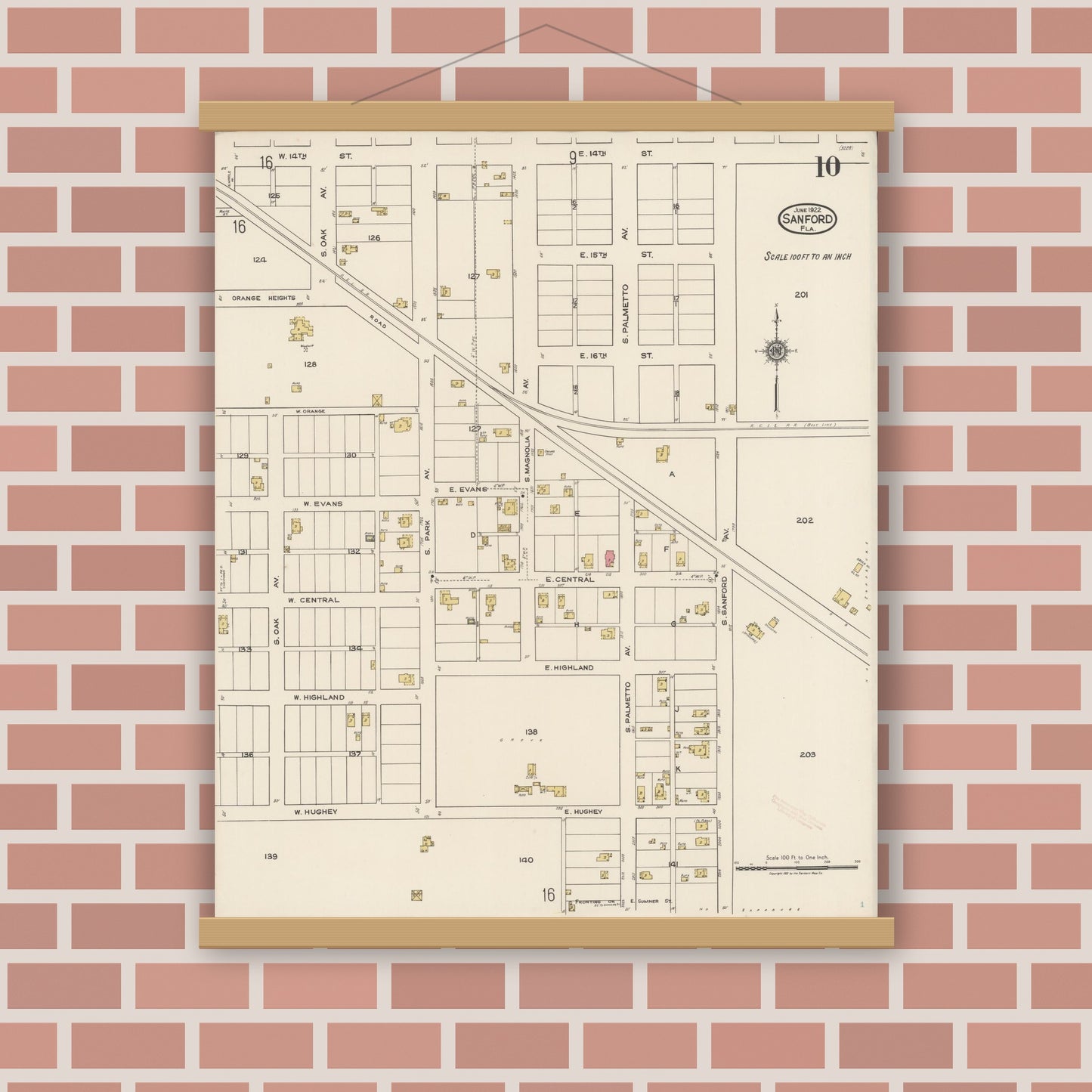 Old map wall art mockup — magnetic wood frame on brick wall — Sanborn Fire Insurance Map from Sanford, Seminole County, Florida (1922), Sheet #0010