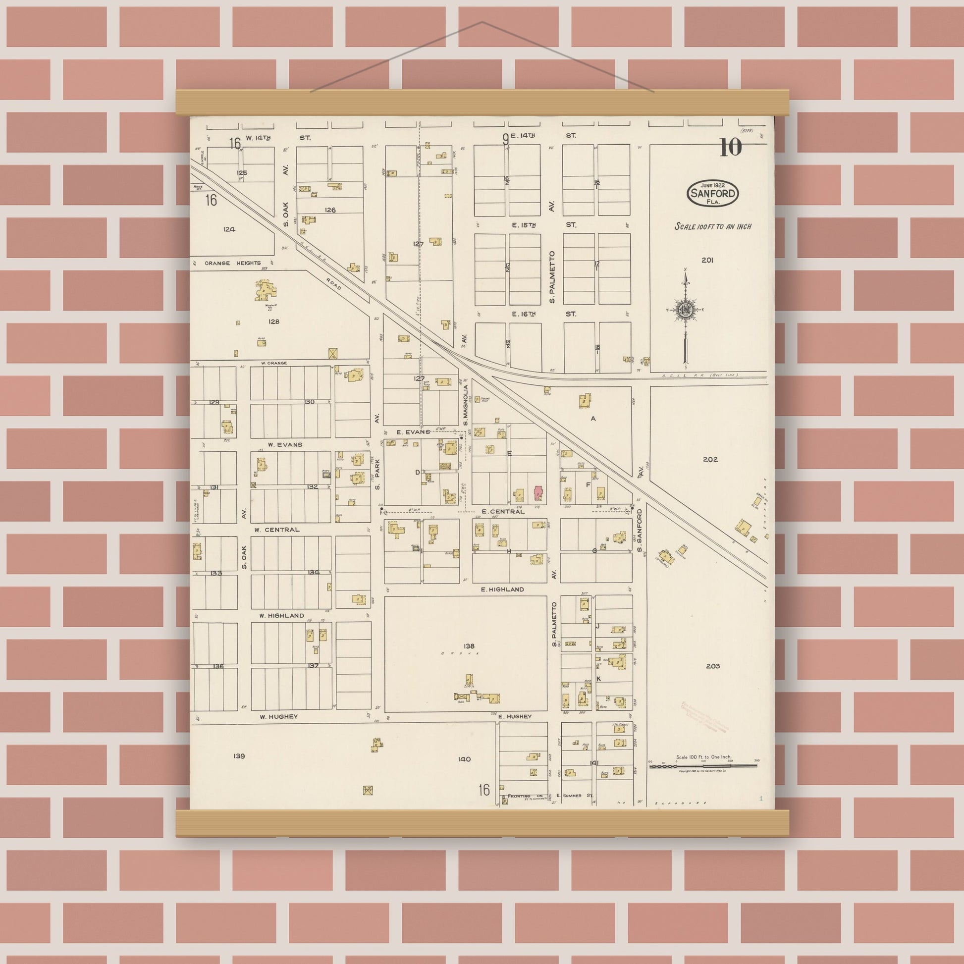 Old map wall art mockup — magnetic wood frame on brick wall — Sanborn Fire Insurance Map from Sanford, Seminole County, Florida (1922), Sheet #0010