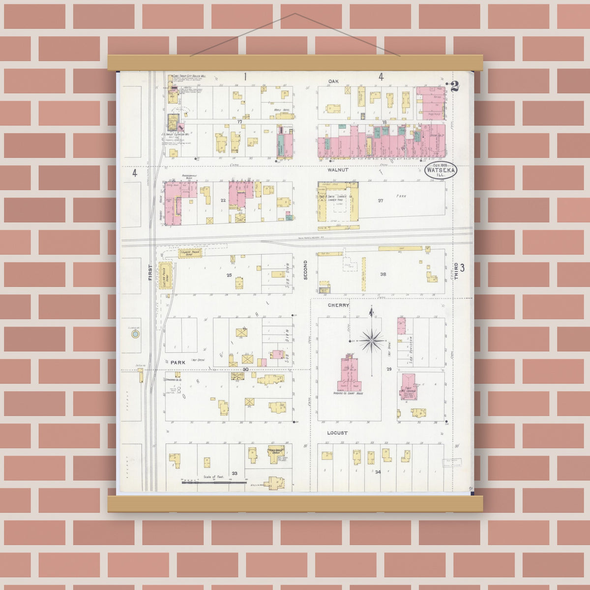 Old map wall art mockup — magnetic wood frame on brick wall — Sanborn Fire Insurance Map from Watseka, Iroquois County, Illinois (1905), Sheet #0002
