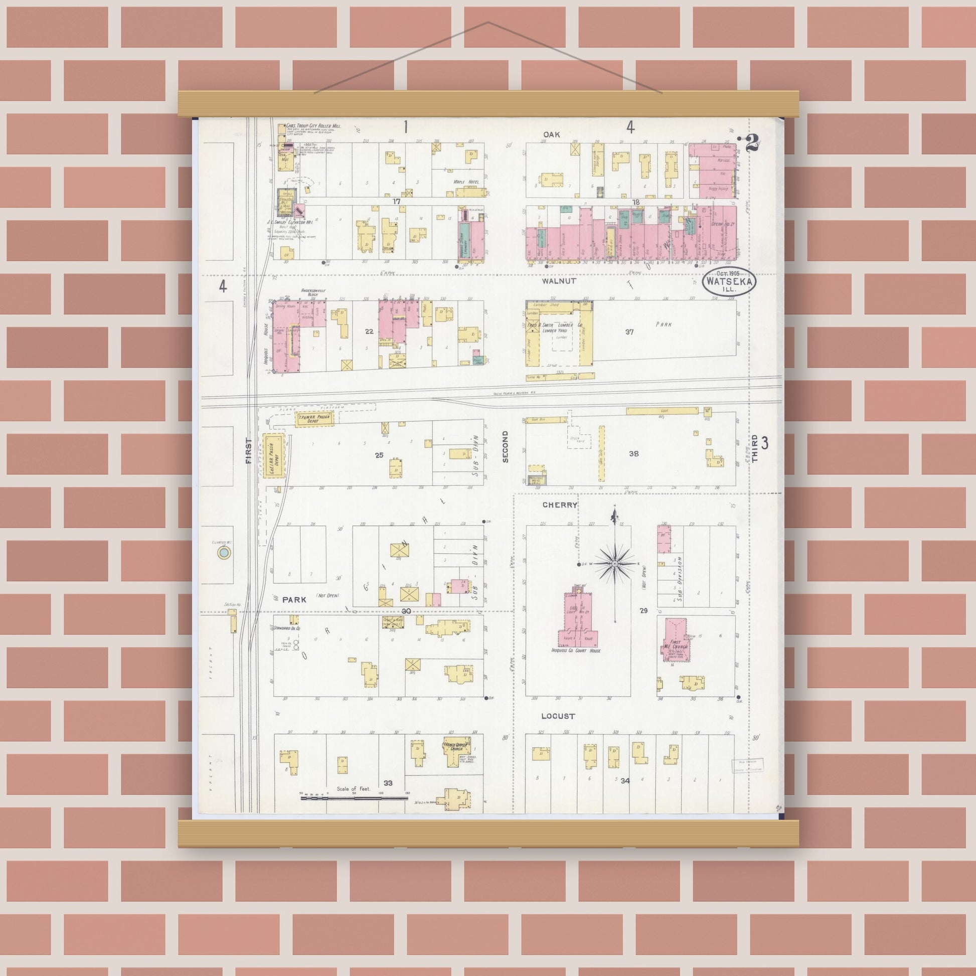 Old map wall art mockup — magnetic wood frame on brick wall — Sanborn Fire Insurance Map from Watseka, Iroquois County, Illinois (1905), Sheet #0002