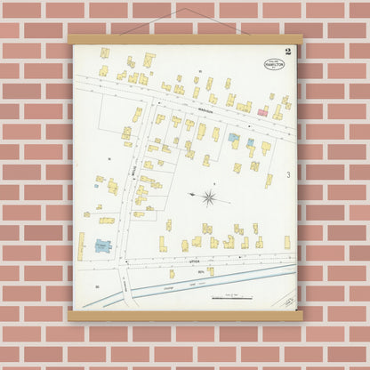 Old map wall art mockup — magnetic wood frame on brick wall — Sanborn Fire Insurance Map from Hamilton, Madison County, New York (1901), Sheet #0002