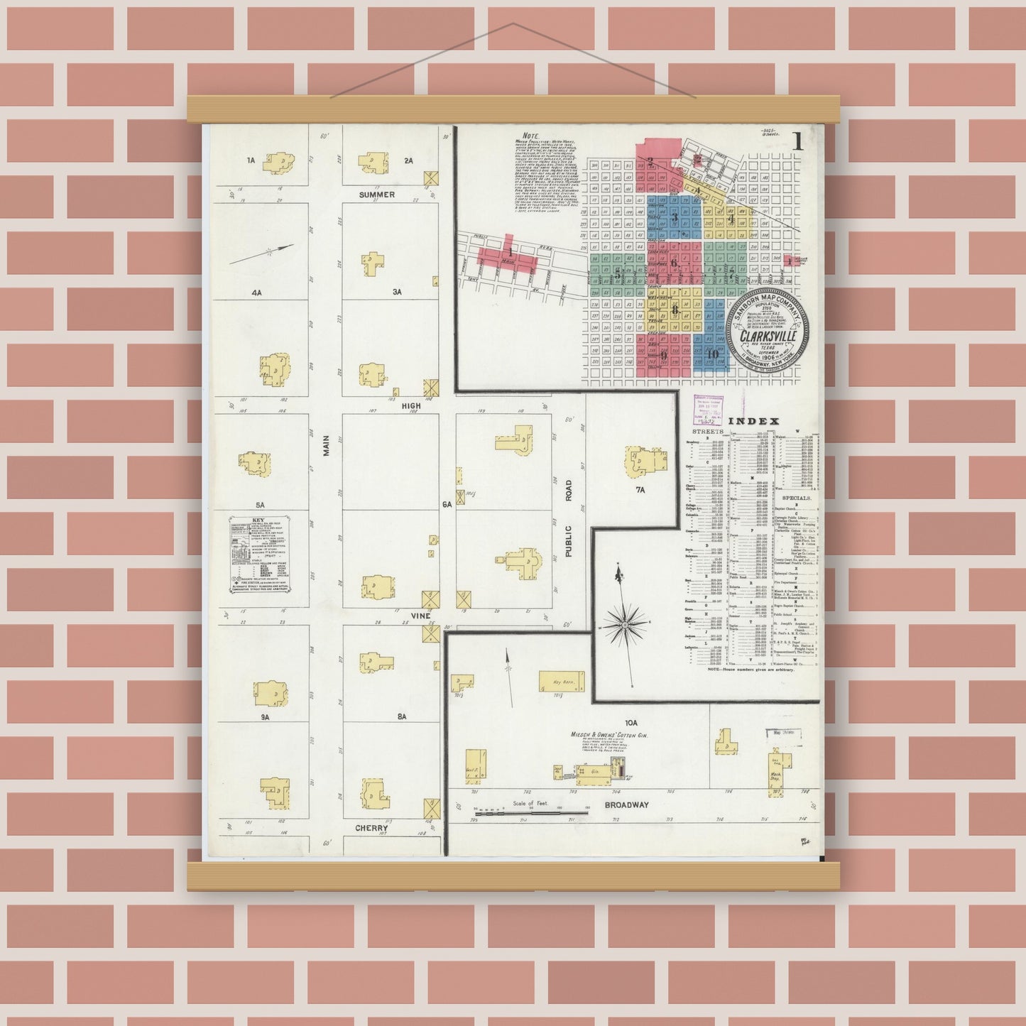 Old map wall art mockup — magnetic wood frame on brick wall — Sanborn Fire Insurance Map from Clarksville, Red River County, Texas (1906) - Complete Map Set