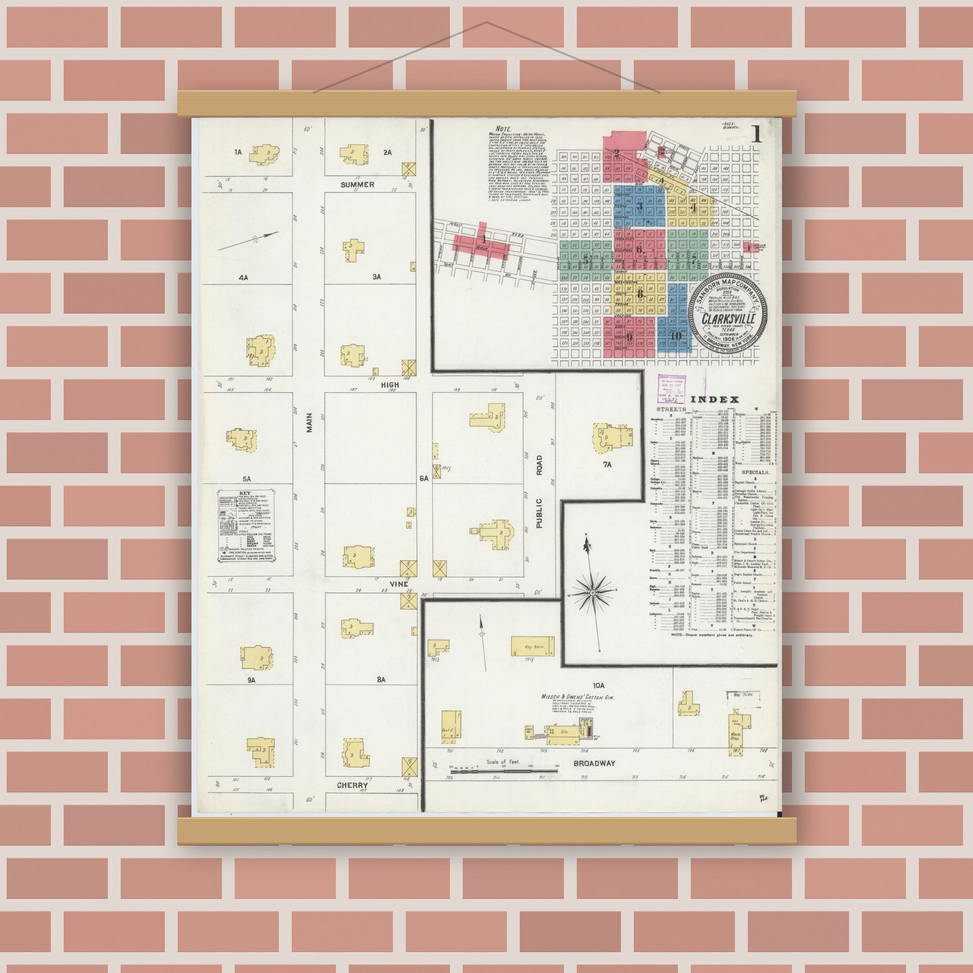Old map wall art mockup — magnetic wood frame on brick wall — Sanborn Fire Insurance Map from Clarksville, Red River County, Texas (1906) - Complete Map Set