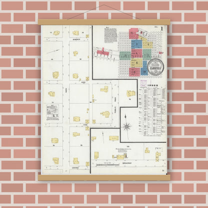 Old map wall art mockup — magnetic wood frame on brick wall — Sanborn Fire Insurance Map from Clarksville, Red River County, Texas (1906) - Complete Map Set
