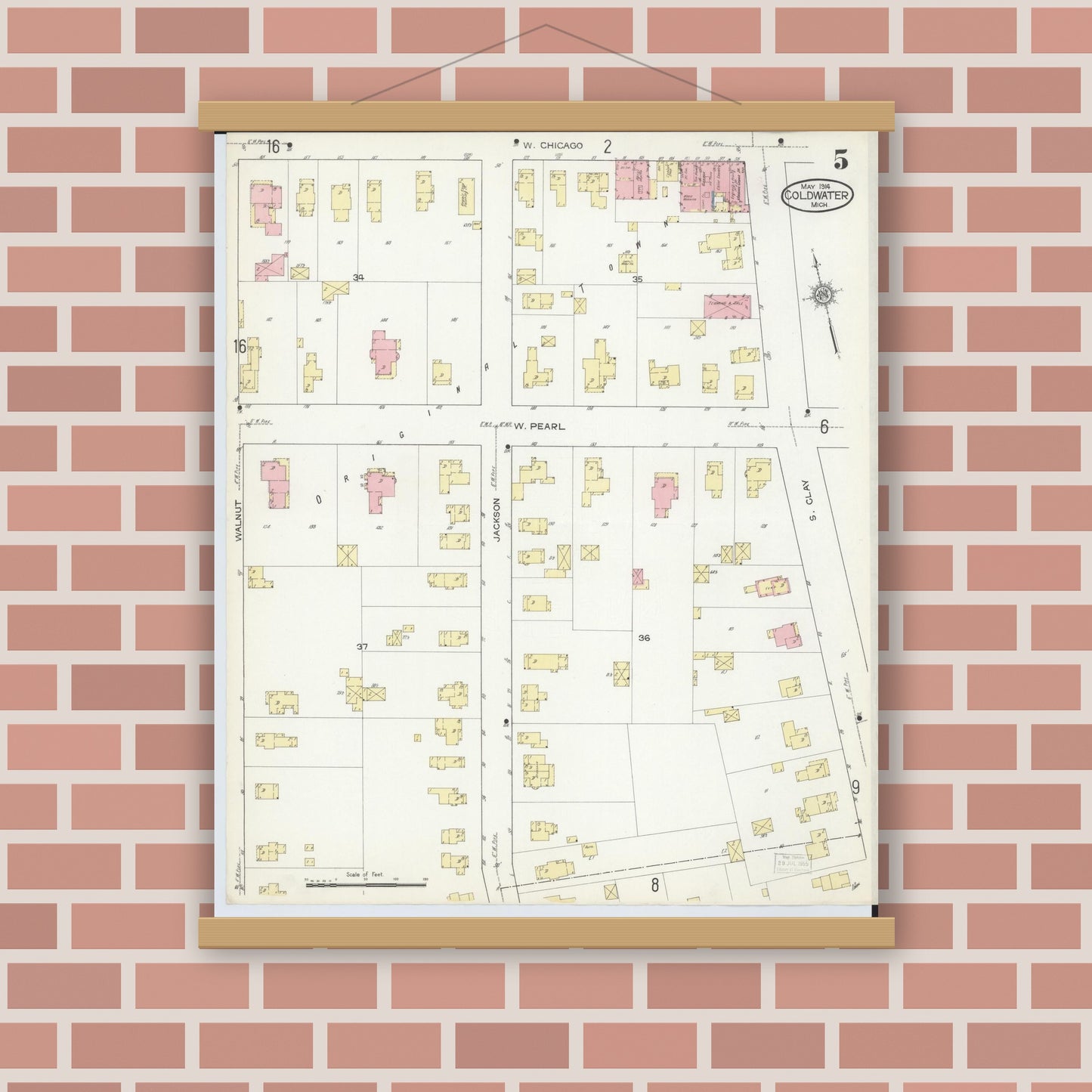 Old map wall art mockup — magnetic wood frame on brick wall — Sanborn Fire Insurance Map from Coldwater, Branch County, Michigan (1914), Sheet #0005