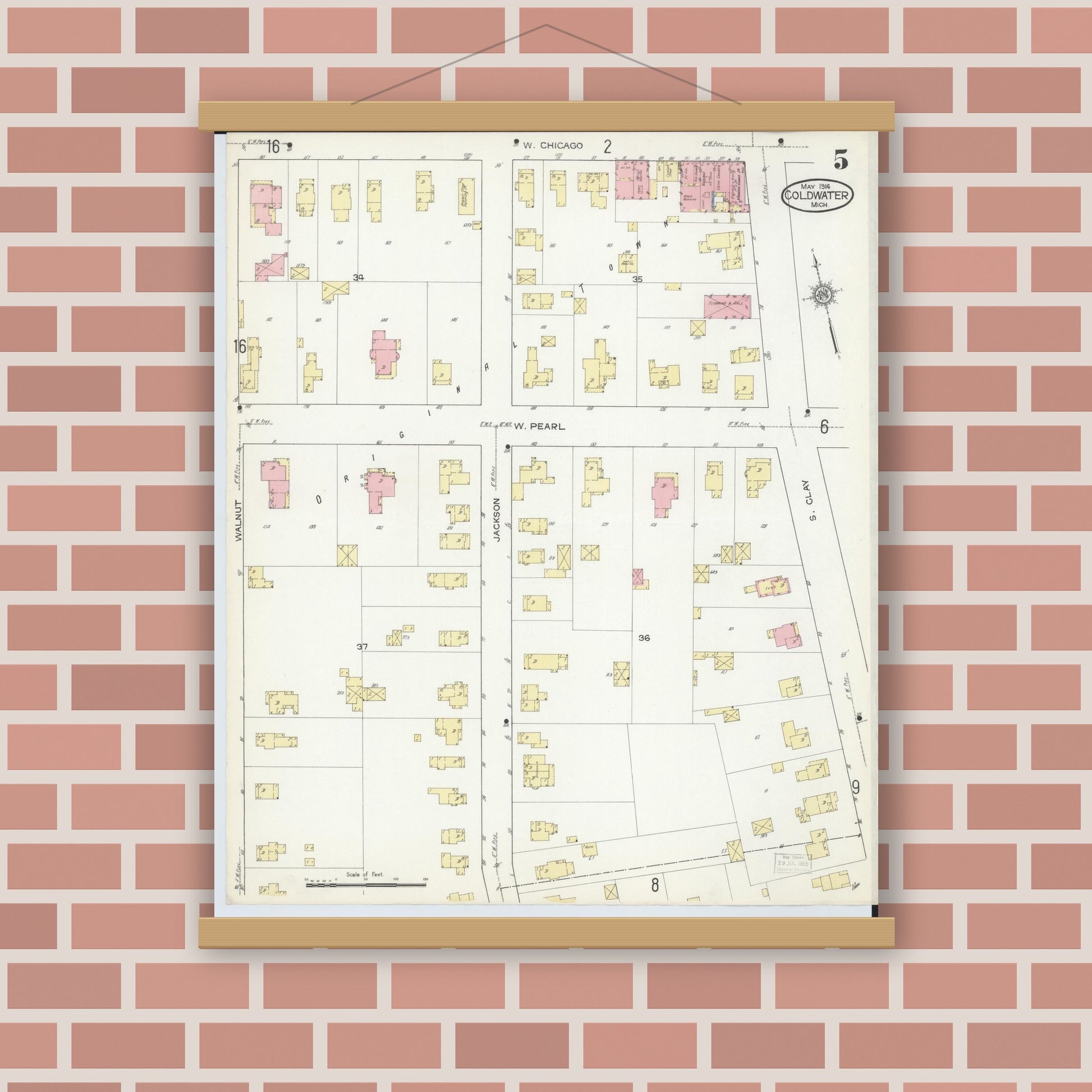 Old map wall art mockup — magnetic wood frame on brick wall — Sanborn Fire Insurance Map from Coldwater, Branch County, Michigan (1914), Sheet #0005