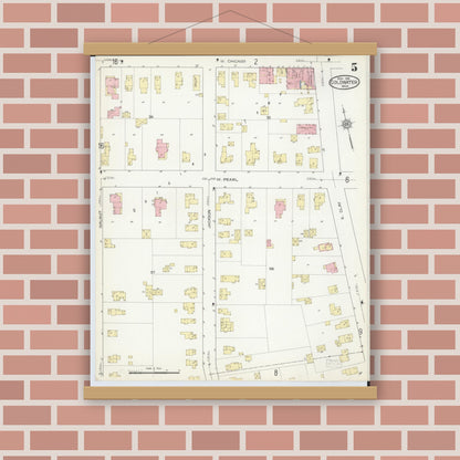 Old map wall art mockup — magnetic wood frame on brick wall — Sanborn Fire Insurance Map from Coldwater, Branch County, Michigan (1914), Sheet #0005