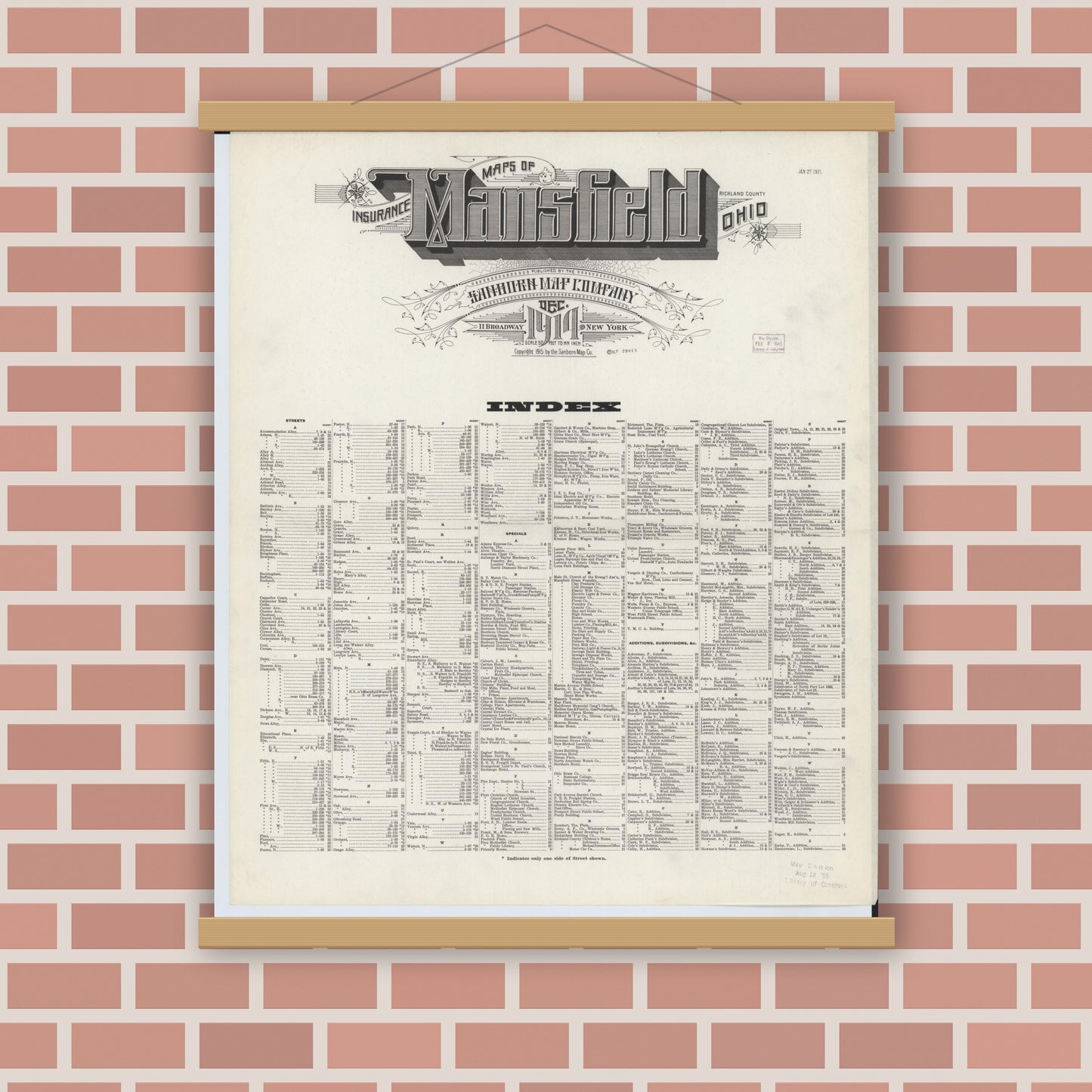 Old map wall art mockup — magnetic wood frame on brick wall — Sanborn Fire Insurance Map from Mansfield, Richland County, Ohio (1914), Sheet #0001