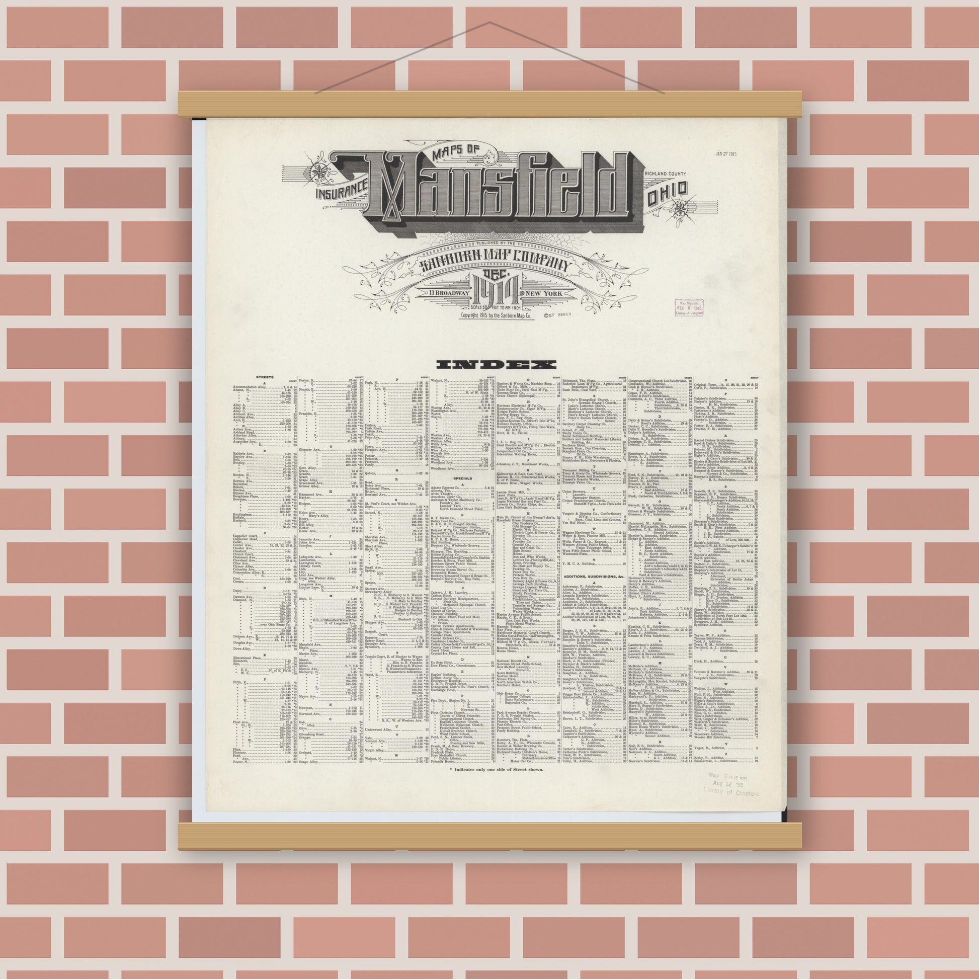 Old map wall art mockup — magnetic wood frame on brick wall — Sanborn Fire Insurance Map from Mansfield, Richland County, Ohio (1914), Sheet #0001