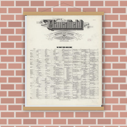 Old map wall art mockup — magnetic wood frame on brick wall — Sanborn Fire Insurance Map from Mansfield, Richland County, Ohio (1914), Sheet #0001