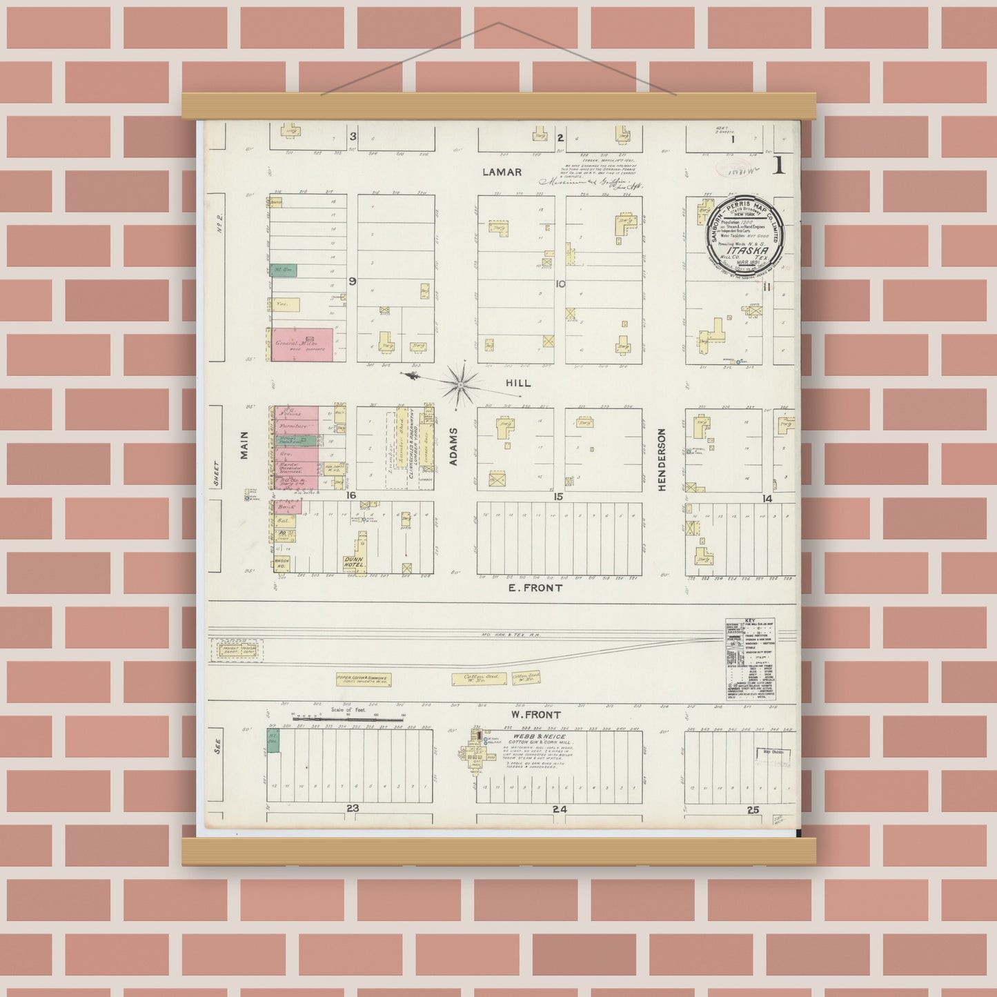 Old map wall art mockup — magnetic wood frame on brick wall — Sanborn Fire Insurance Map from Itasca, Hill County, Texas (1891), Sheet #0001