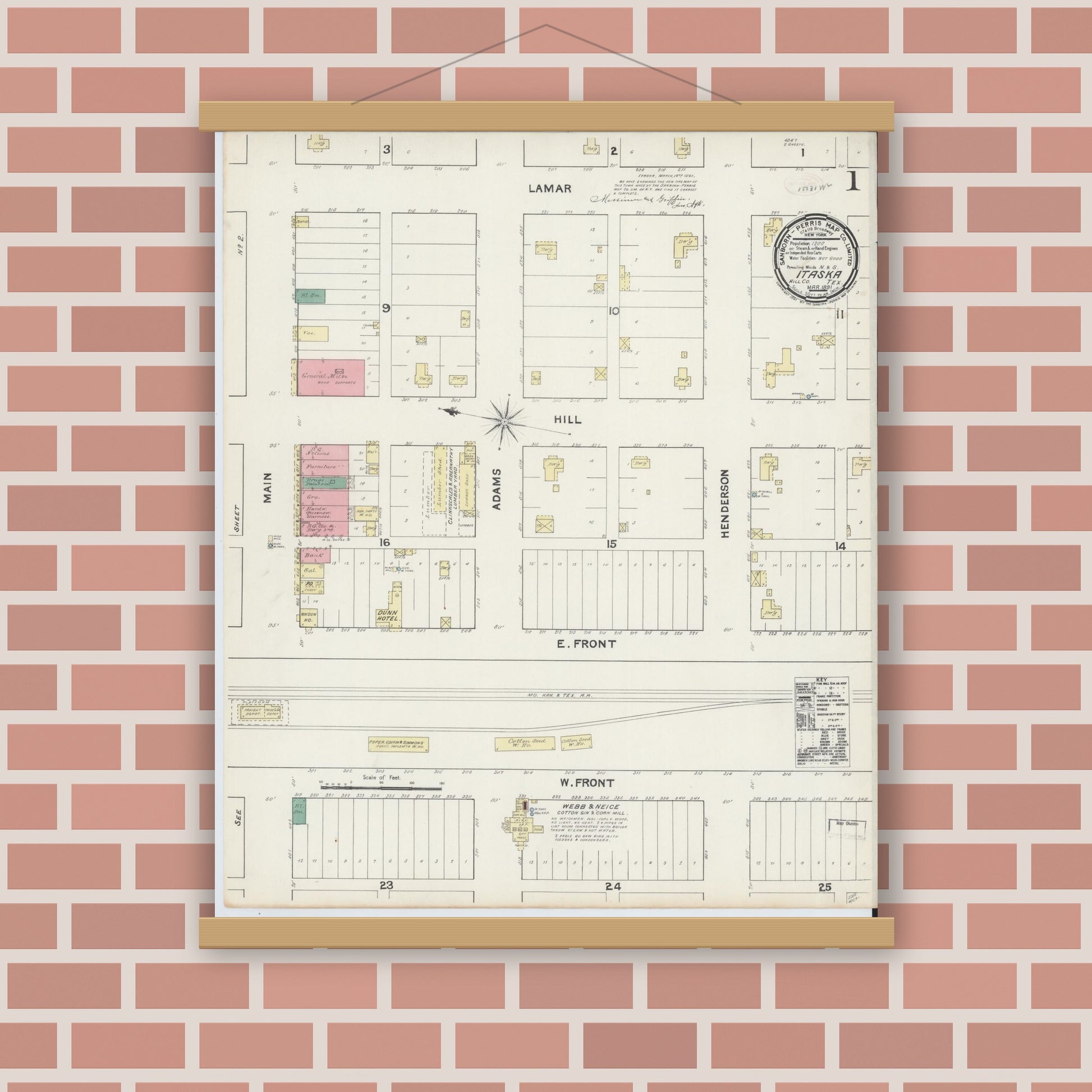 Old map wall art mockup — magnetic wood frame on brick wall — Sanborn Fire Insurance Map from Itasca, Hill County, Texas (1891), Sheet #0001