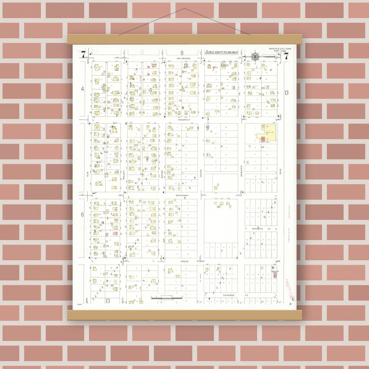 Old map wall art mockup — magnetic wood frame on brick wall — Sanborn Fire Insurance Map from Webster City, Hamilton County, Iowa (1938), Sheet #0007