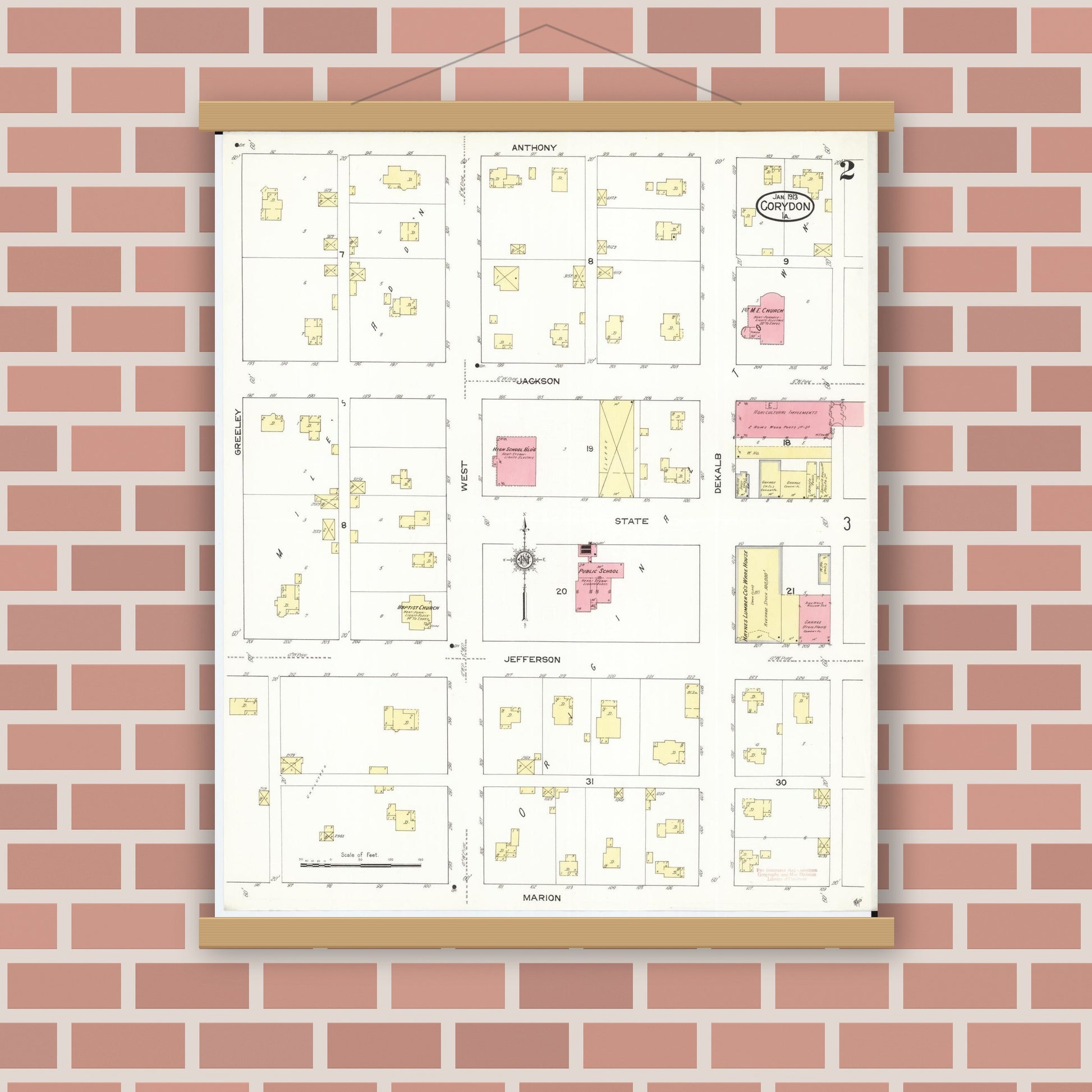 Old map wall art mockup — magnetic wood frame on brick wall — Sanborn Fire Insurance Map from Corydon, Wayne County, Iowa (1913), Sheet #0002