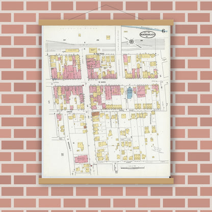 Old map wall art mockup — magnetic wood frame on brick wall — Sanborn Fire Insurance Map from Monongahela City, Washington County, Pennsylvania (1918), Sheet #0006