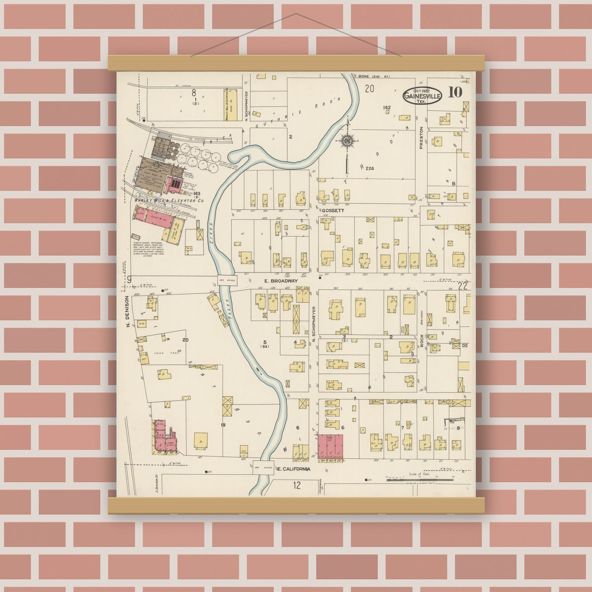Old map wall art mockup — magnetic wood frame on brick wall — Sanborn Fire Insurance Map from Gainesville, Cooke County, Texas (1922), Sheet #0010