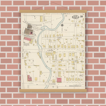 Old map wall art mockup — magnetic wood frame on brick wall — Sanborn Fire Insurance Map from Gainesville, Cooke County, Texas (1922), Sheet #0010