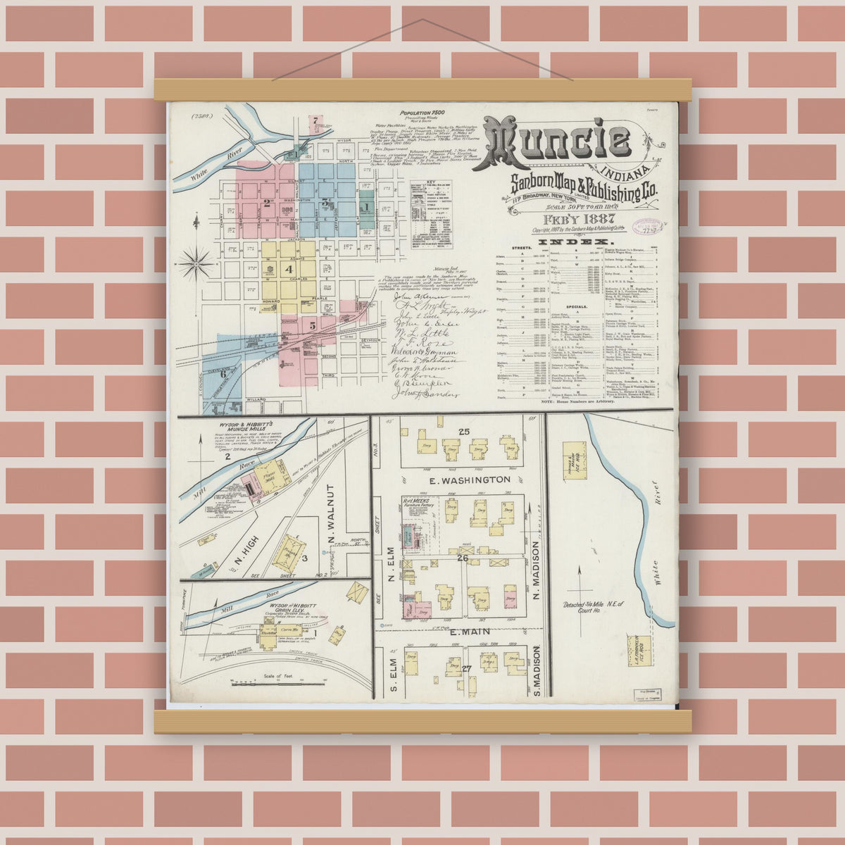 Old map wall art mockup — magnetic wood frame on brick wall — Sanborn Fire Insurance Map from Muncie, Delaware County, Indiana (1887) - Complete Map Set