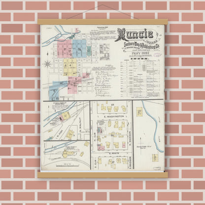 Old map wall art mockup — magnetic wood frame on brick wall — Sanborn Fire Insurance Map from Muncie, Delaware County, Indiana (1887) - Complete Map Set