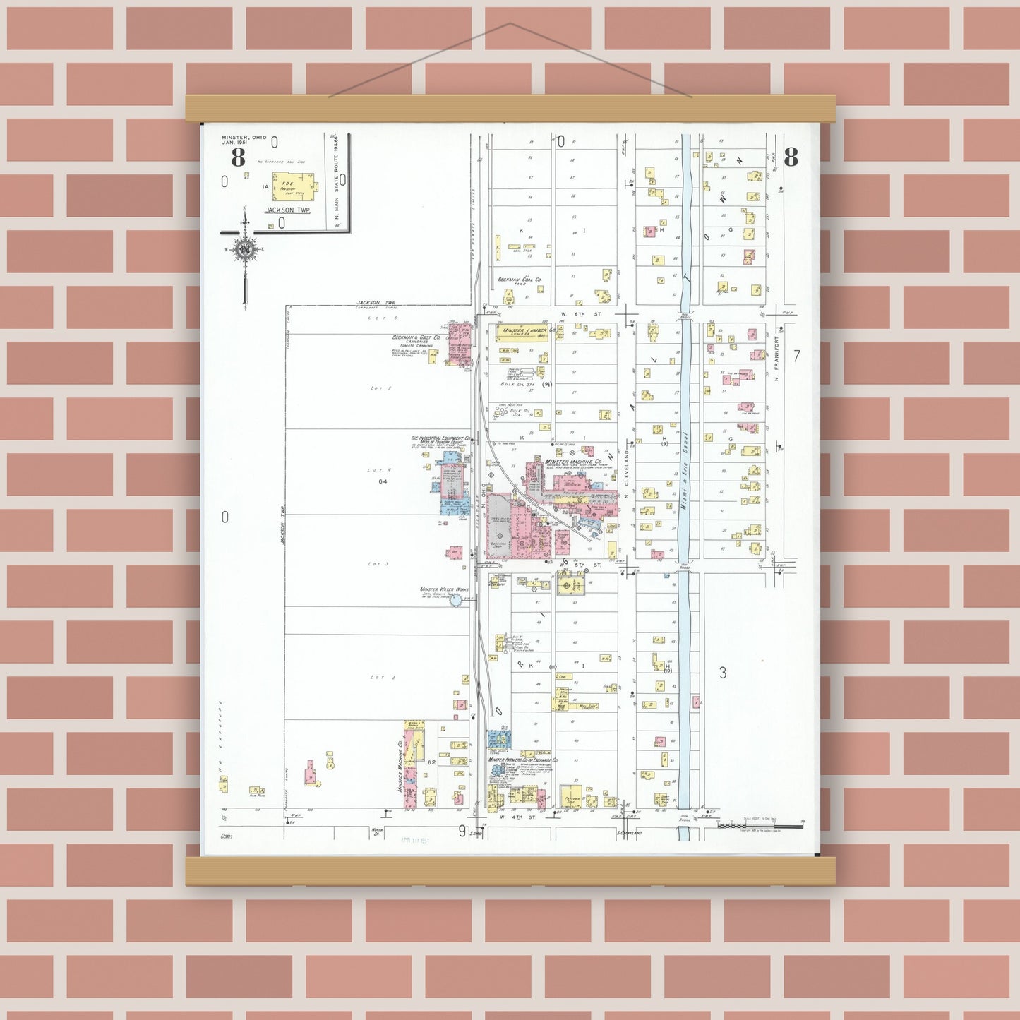 Old map wall art mockup — magnetic wood frame on brick wall — Sanborn Fire Insurance Map from Minster, Auglaize County, Ohio (1951), Sheet #0008