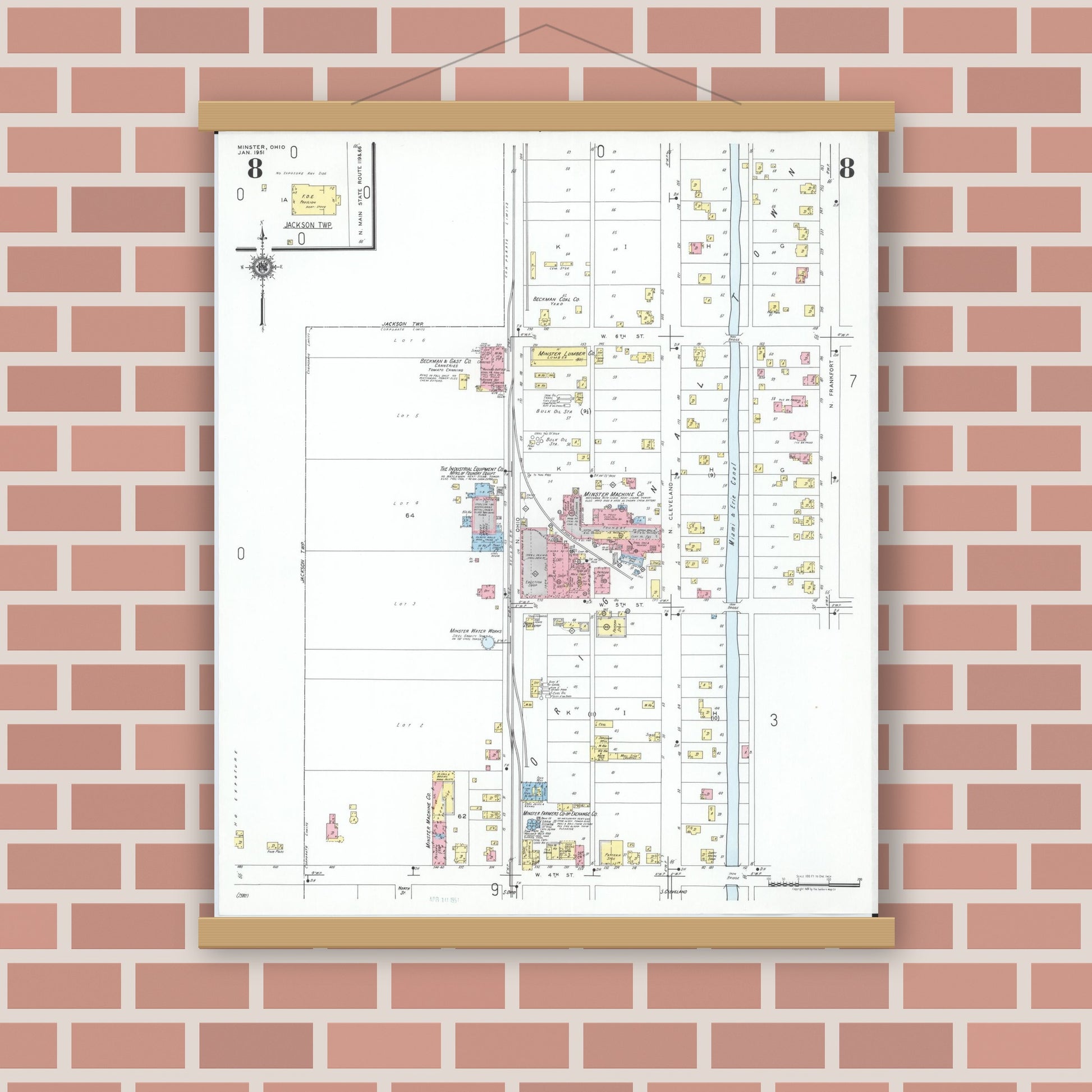 Old map wall art mockup — magnetic wood frame on brick wall — Sanborn Fire Insurance Map from Minster, Auglaize County, Ohio (1951), Sheet #0008