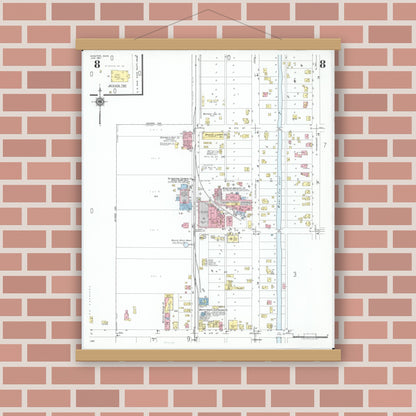 Old map wall art mockup — magnetic wood frame on brick wall — Sanborn Fire Insurance Map from Minster, Auglaize County, Ohio (1951), Sheet #0008