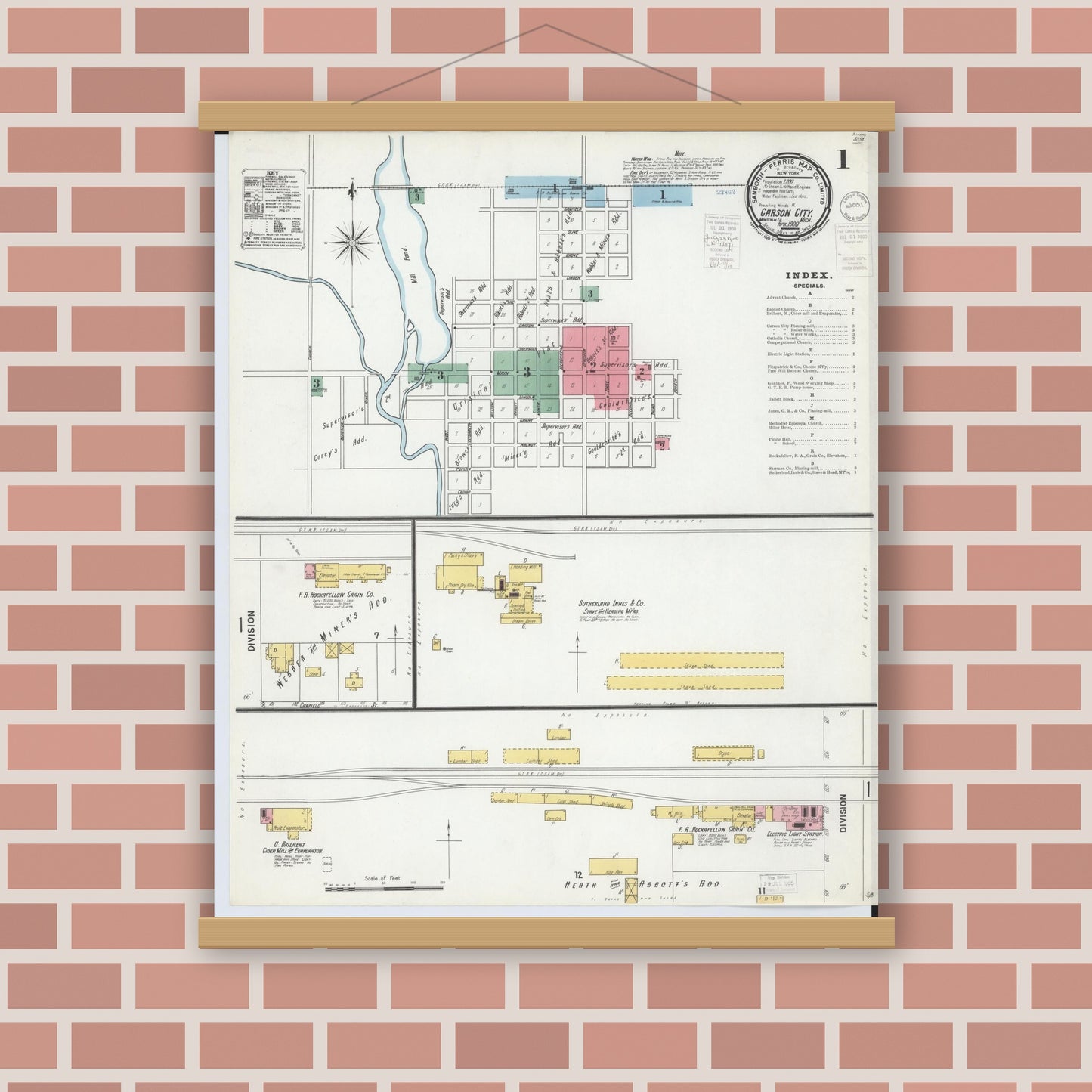 Old map wall art mockup — magnetic wood frame on brick wall — Sanborn Fire Insurance Map from Carson City, Montcalm County, Michigan (1900) - Complete Map Set