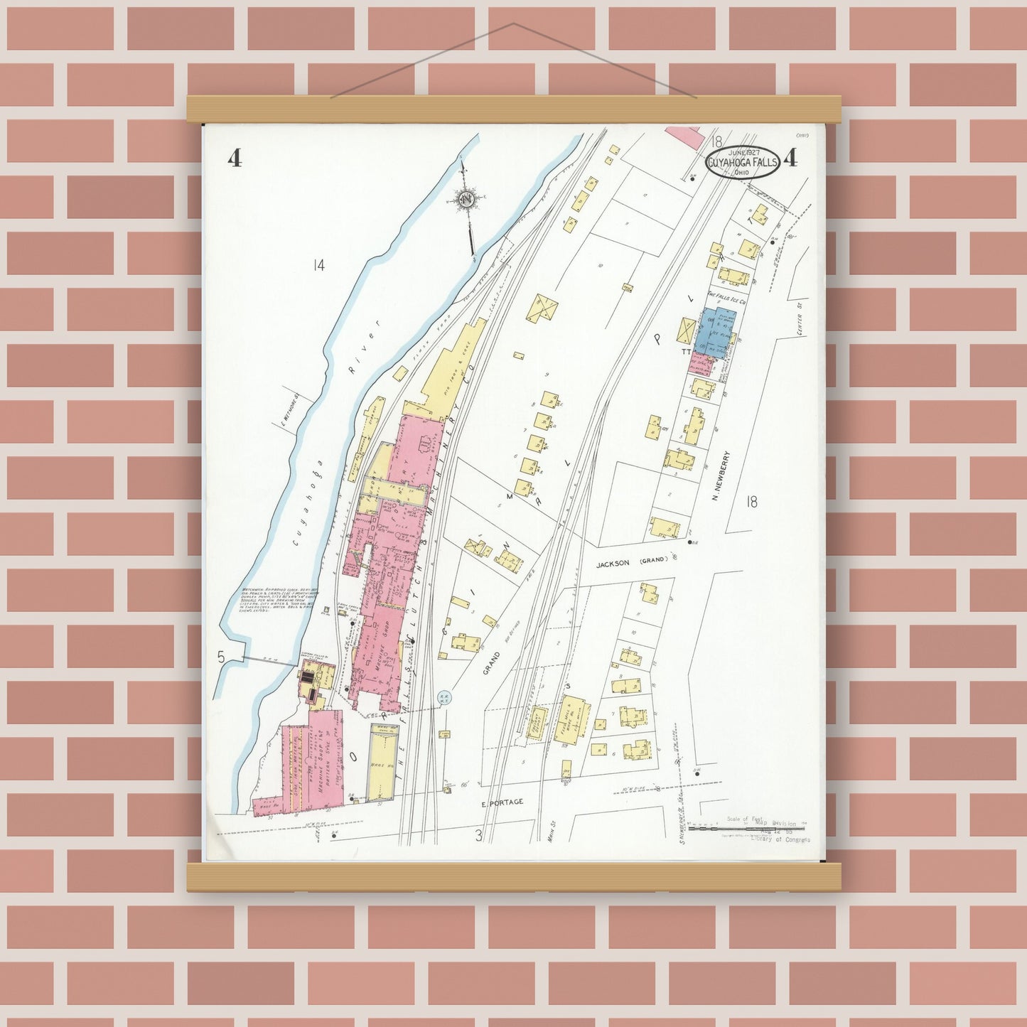 Old map wall art mockup — magnetic wood frame on brick wall — Sanborn Fire Insurance Map from Cuyahoga Falls, Summit County, Ohio (1927), Sheet #0004