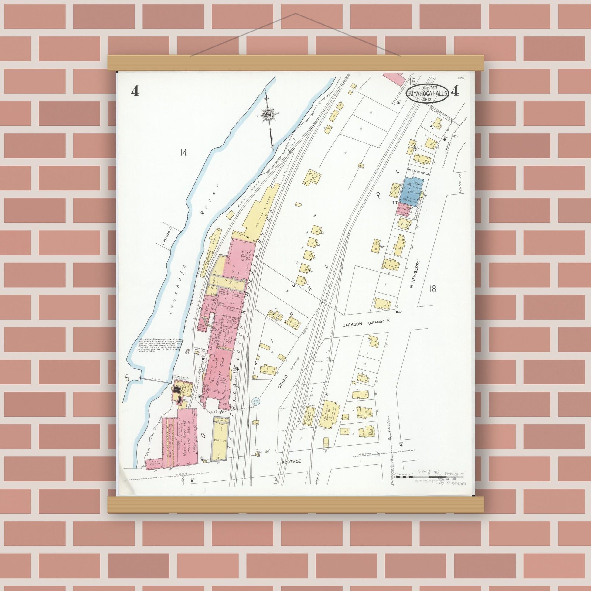 Old map wall art mockup — magnetic wood frame on brick wall — Sanborn Fire Insurance Map from Cuyahoga Falls, Summit County, Ohio (1927), Sheet #0004
