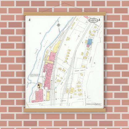 Old map wall art mockup — magnetic wood frame on brick wall — Sanborn Fire Insurance Map from Cuyahoga Falls, Summit County, Ohio (1927), Sheet #0004