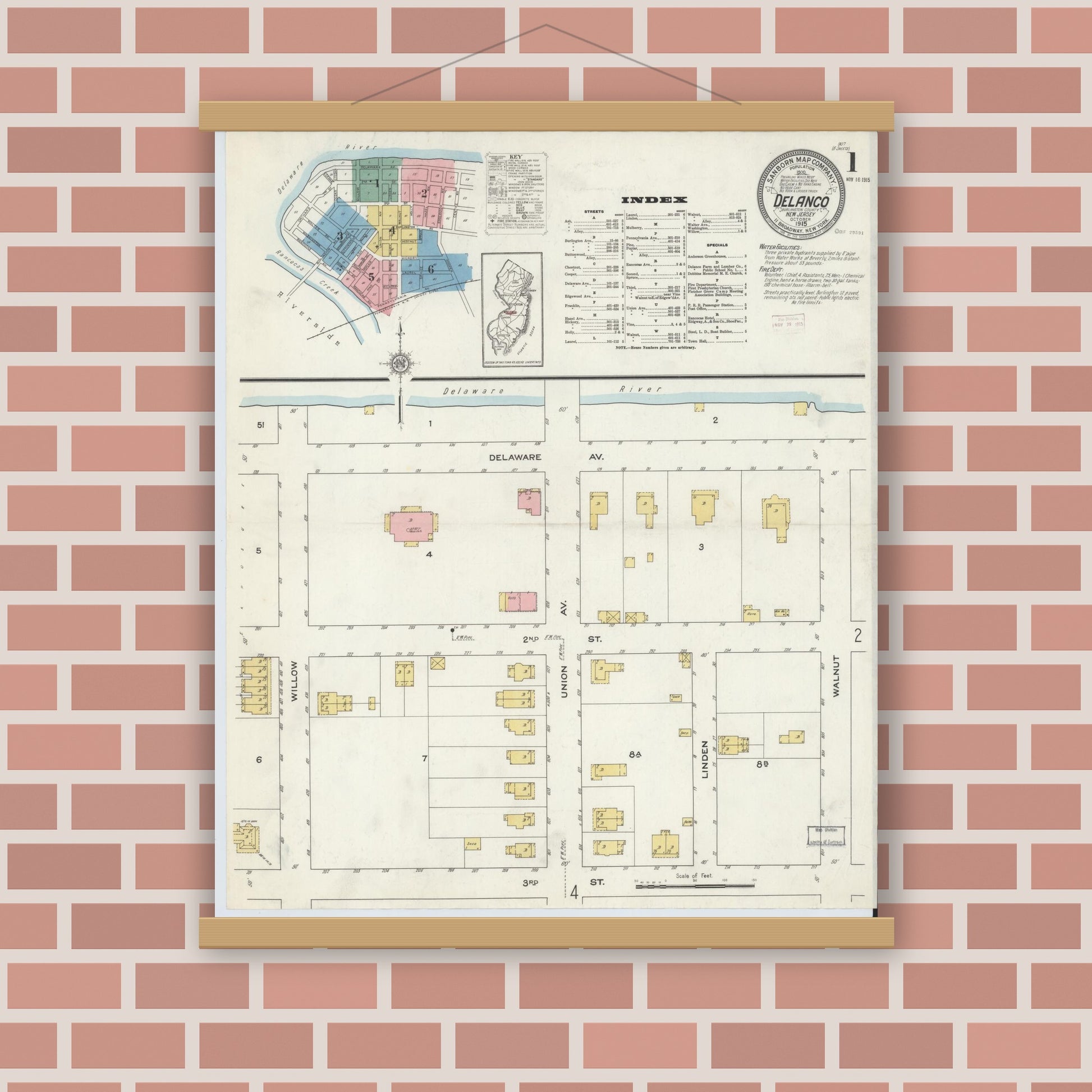 Old map wall art mockup — magnetic wood frame on brick wall — Sanborn Fire Insurance Map from Delanco, Burlington County, New Jersey (1915) - Complete Map Set