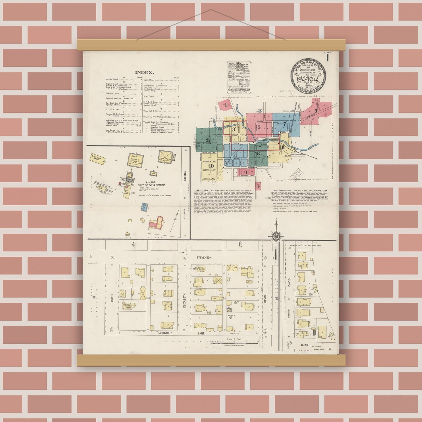 Old map wall art mockup — magnetic wood frame on brick wall — Sanborn Fire Insurance Map from Vacaville, Solano County, California (1920) - Complete Map Set
