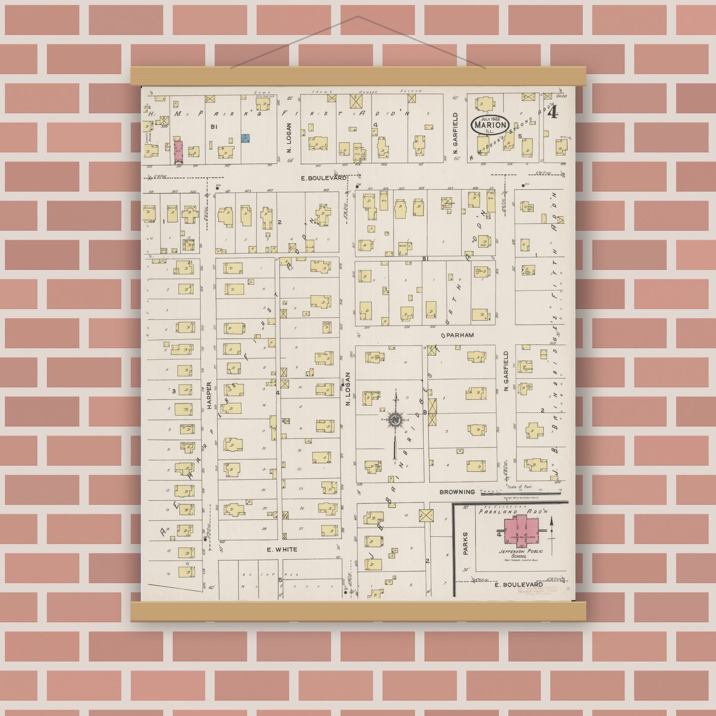 Old map wall art mockup — magnetic wood frame on brick wall — Sanborn Fire Insurance Map from Marion, Williamson County, Illinois (1922), Sheet #0004