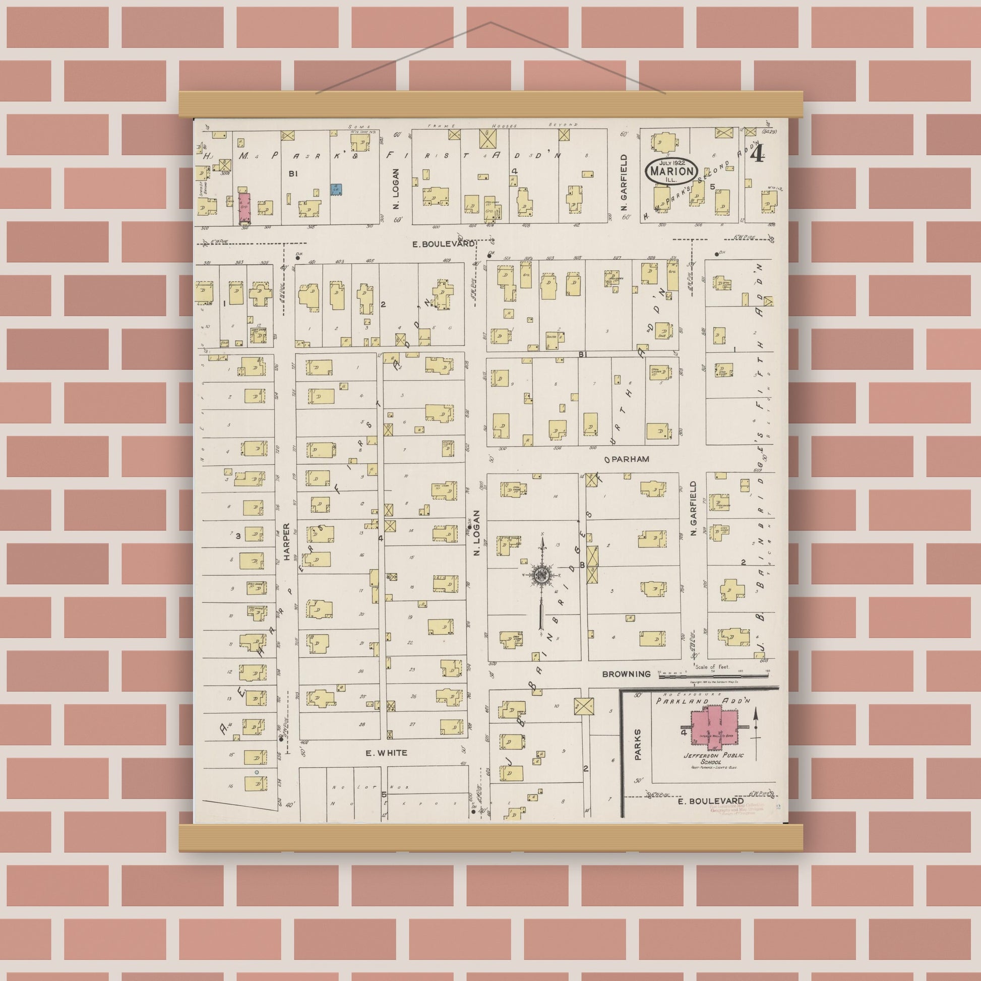 Old map wall art mockup — magnetic wood frame on brick wall — Sanborn Fire Insurance Map from Marion, Williamson County, Illinois (1922), Sheet #0004