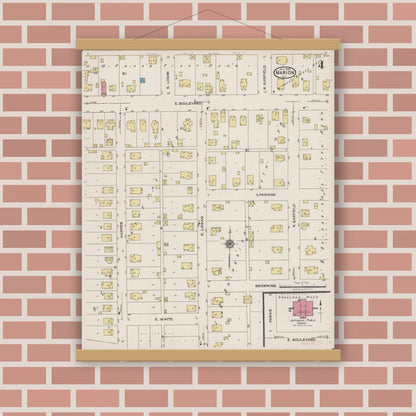 Old map wall art mockup — magnetic wood frame on brick wall — Sanborn Fire Insurance Map from Marion, Williamson County, Illinois (1922), Sheet #0004